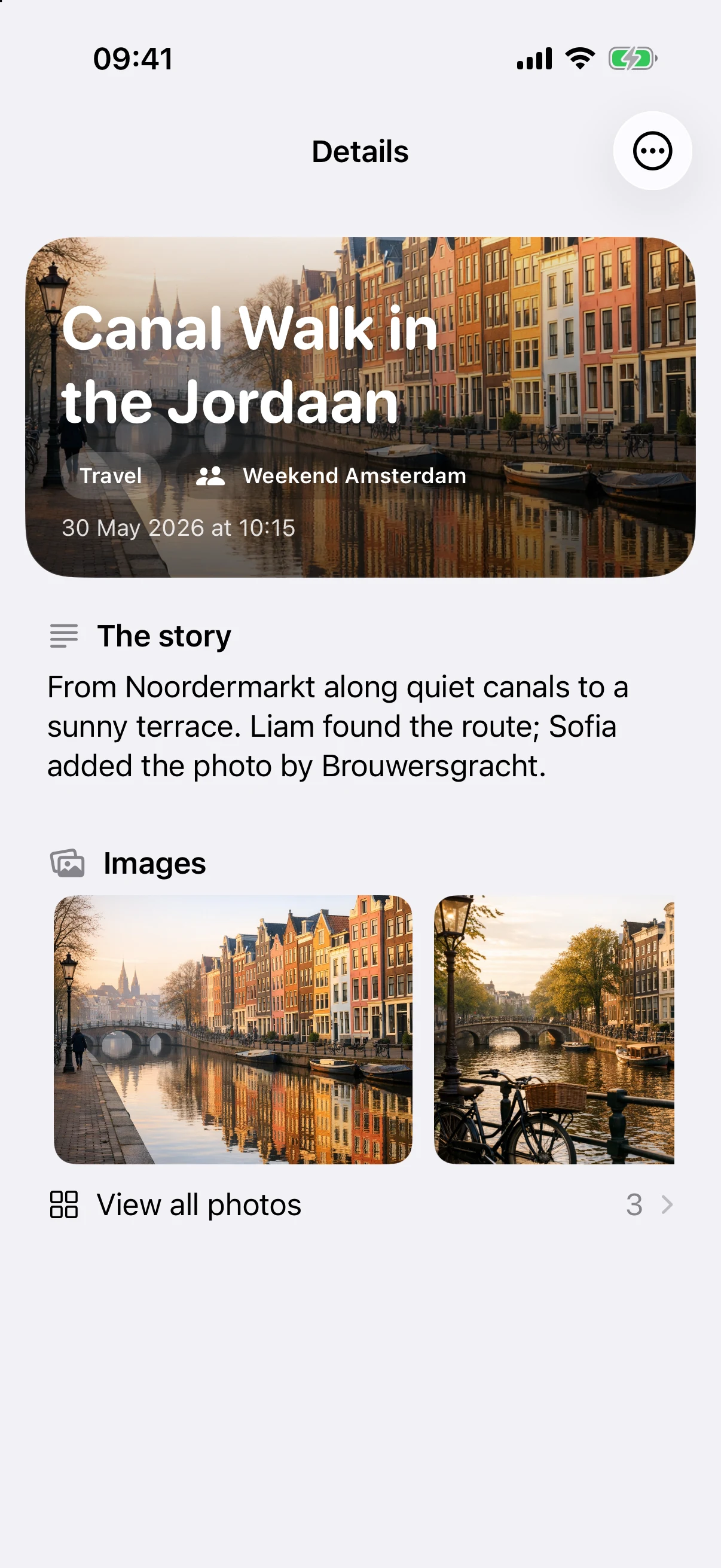 The shared story and photos in a private group review